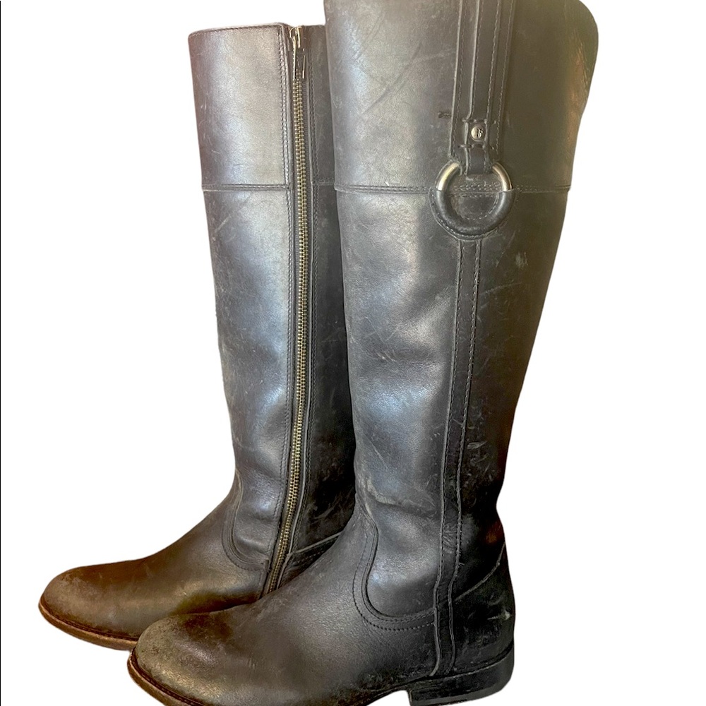 Frye Jamie Ring Tall Black Stonewashed Distressed Leather Boots